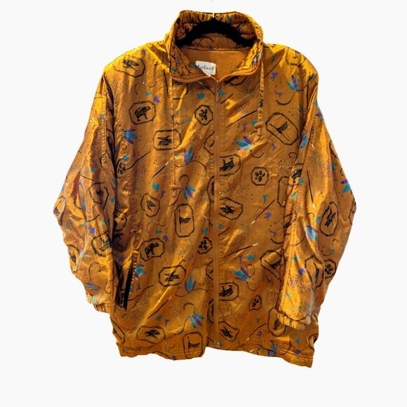 Vintage Rafael Abstract Golden Patterned Zip Jacket Size S Lightweight Nylon - Picture 1 of 6